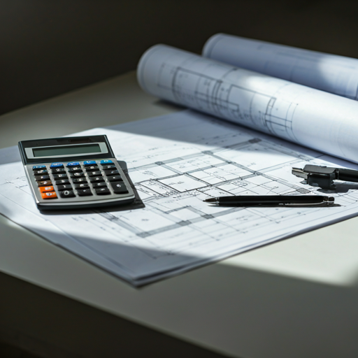 close-up of architectural blueprints and professional calculating equipment on a clean white desk with dramatic sharp shadows